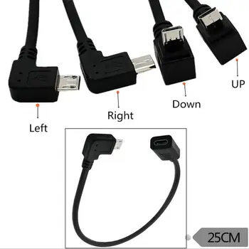 Tipas-C Moterų 90 laipsnių kampu Micro-B Micro male USB Įkrovimo įkroviklis Duomenų konverteris adapterio laido KABELIS